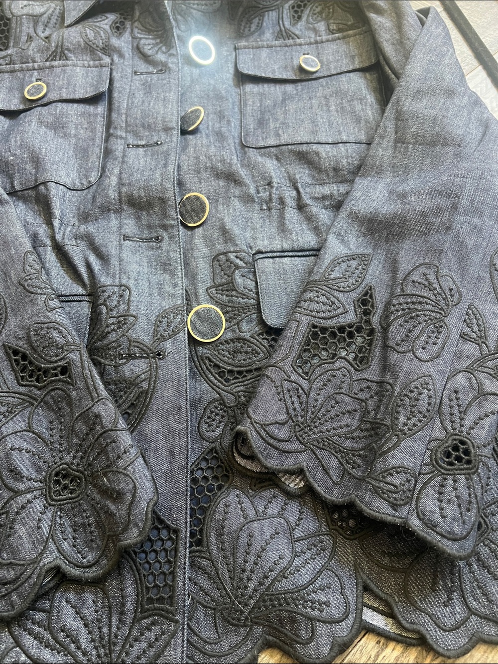 Veronica Beard Black Floral Embroidered Button-Up Jean Jacket - Picture 4 of 14